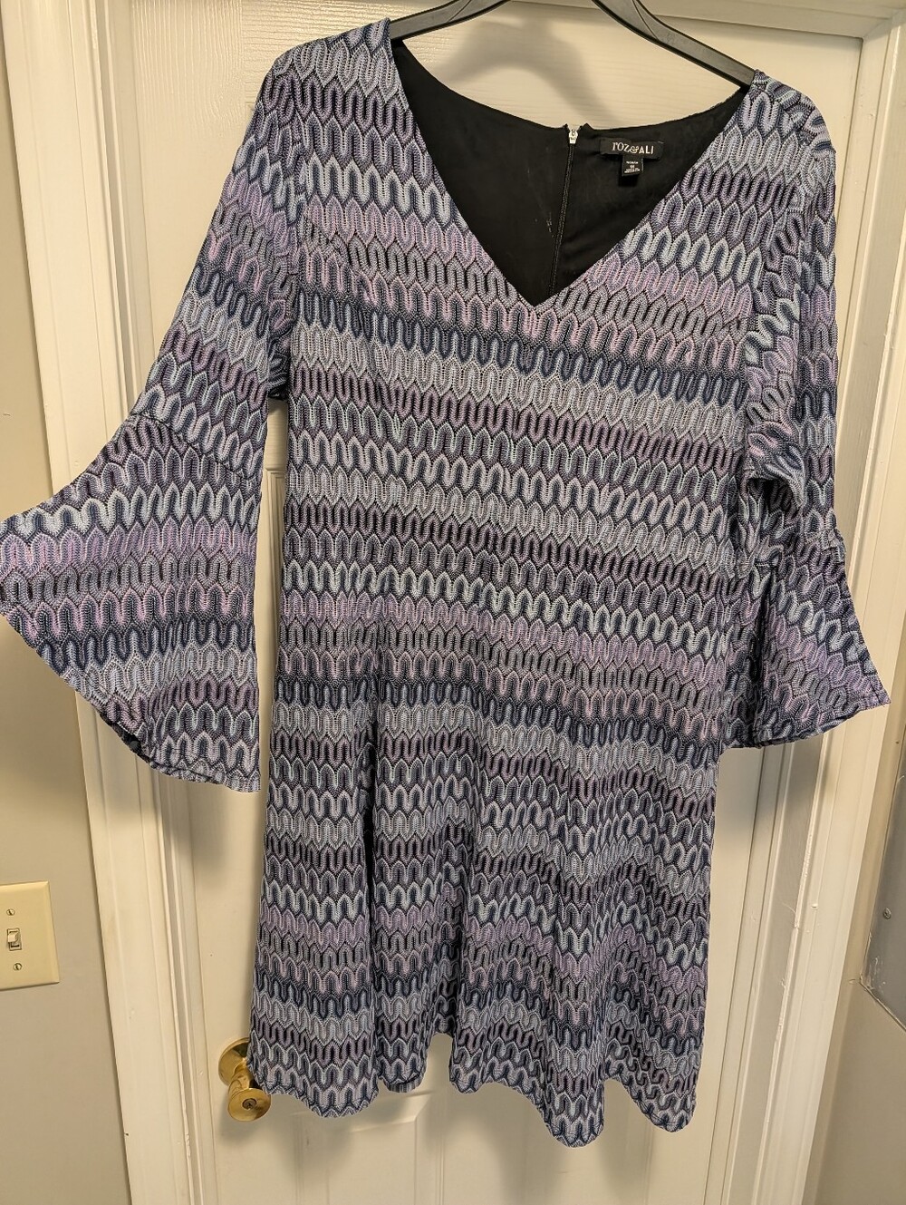Roz & Ali 1X Purple Geometric Print Bell Sleeve Fit & Flare Dress